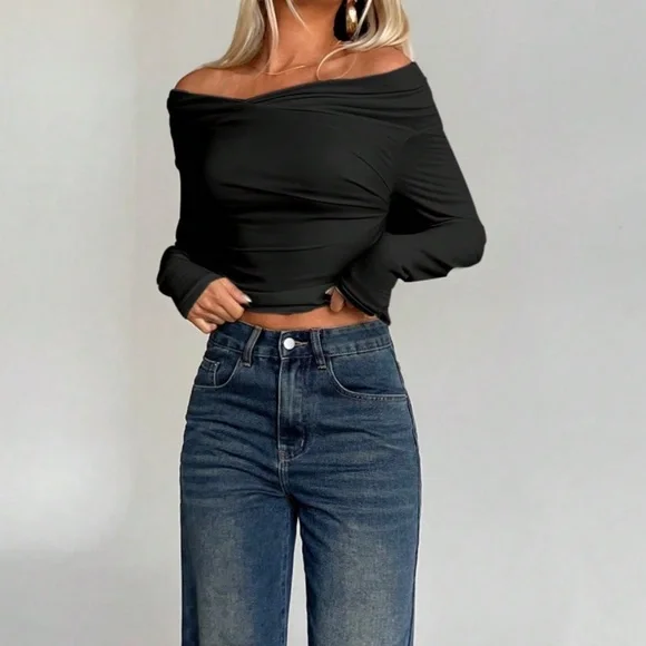 Solid Ruched Off Shoulder Fitted Long Sleeve Top - Picture 3 of 10